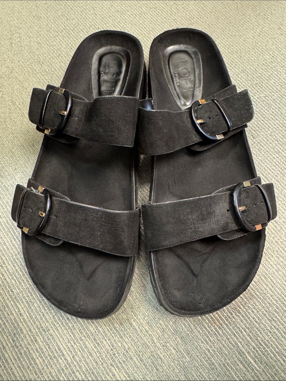 LOFT Black Suede Double Buckle Slide Sandals